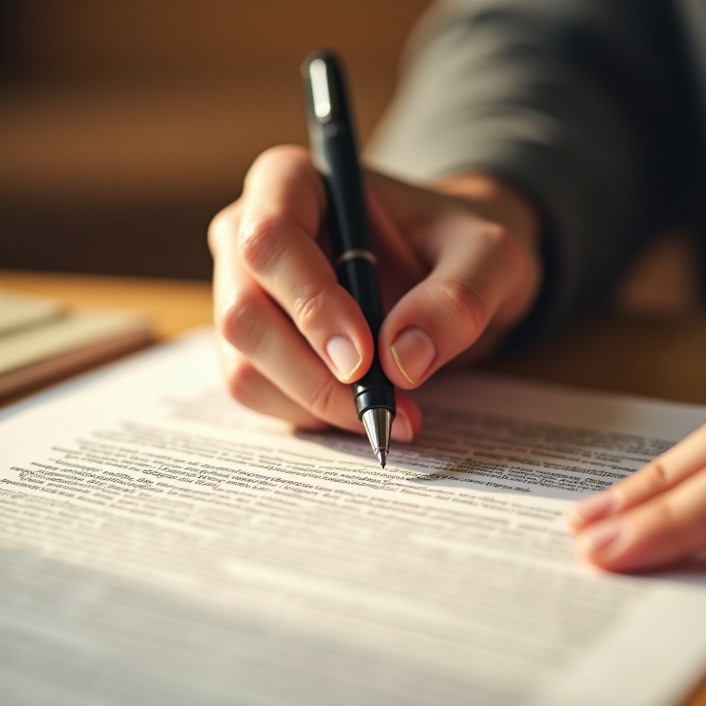 Close-up of hands signing a document