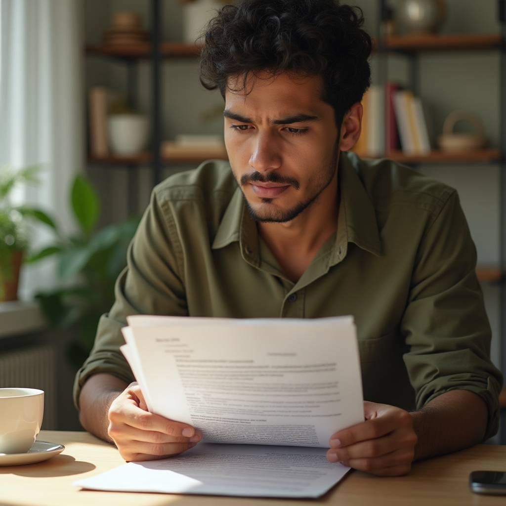 Person carefully reading a rental contract document